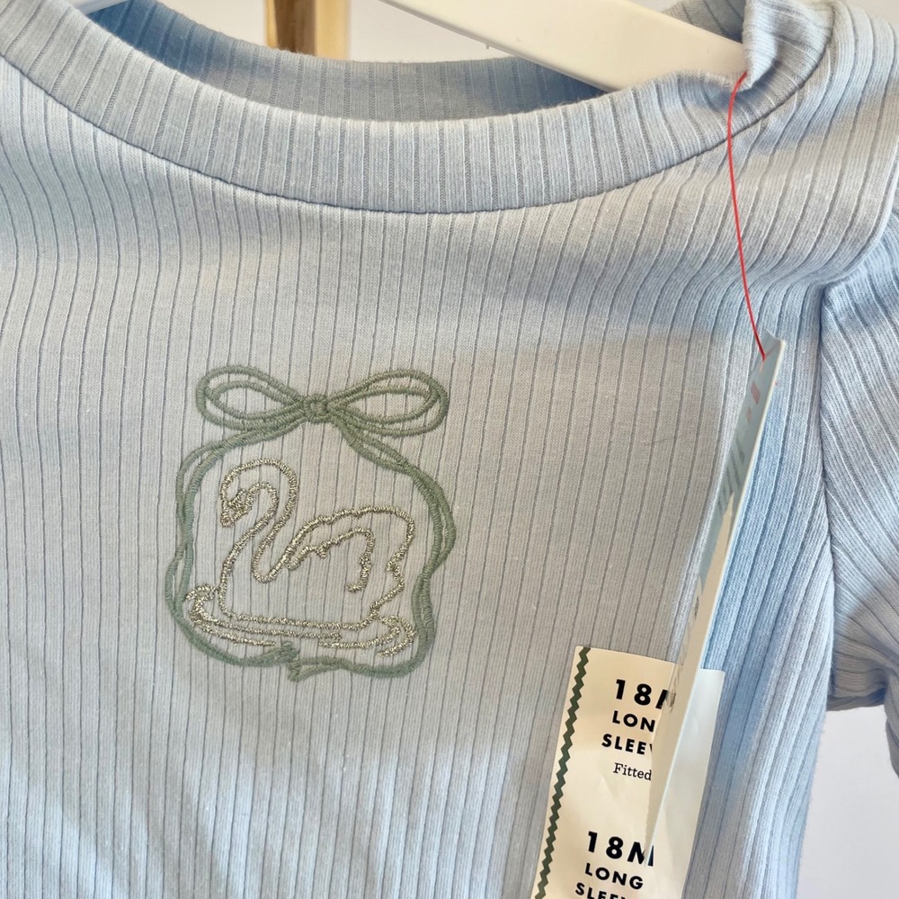 Cat & Jack Kids Light Blue Ribbed‎ Long Sleeve Swan Embroidered Top 18M NWT - Picture 2 of 5